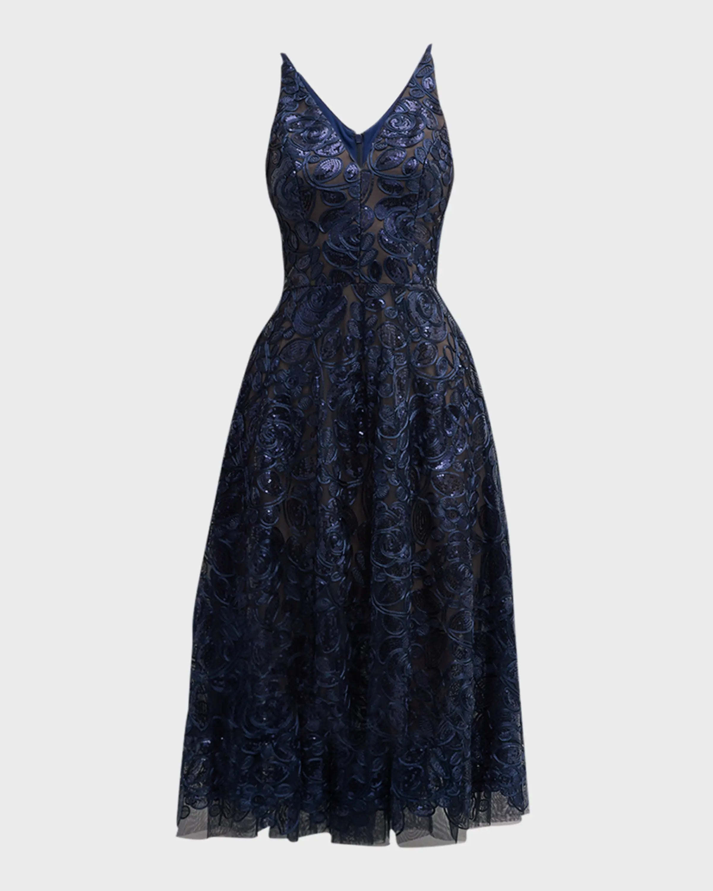 Elegante vestido de fiesta de longitud media con escote en V, sin mangas, hombros descubiertos y bordado con lentejuelas